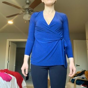 Anne Klein Blue Faux Wrap Polka Dot Blouse